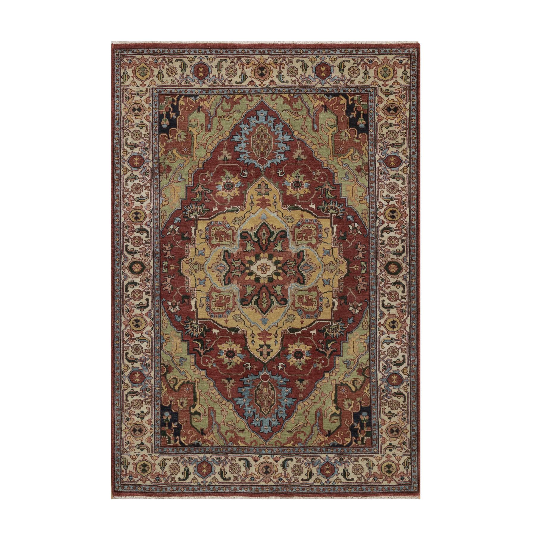 4'x6' Barn Red, Hand Knotted, Antiqued Fine Heriz Re-Creation with Medallion Design, Hand Spun New Zealand Wool, Denser Weave, Vegetable Dyes, Oriental Rug 